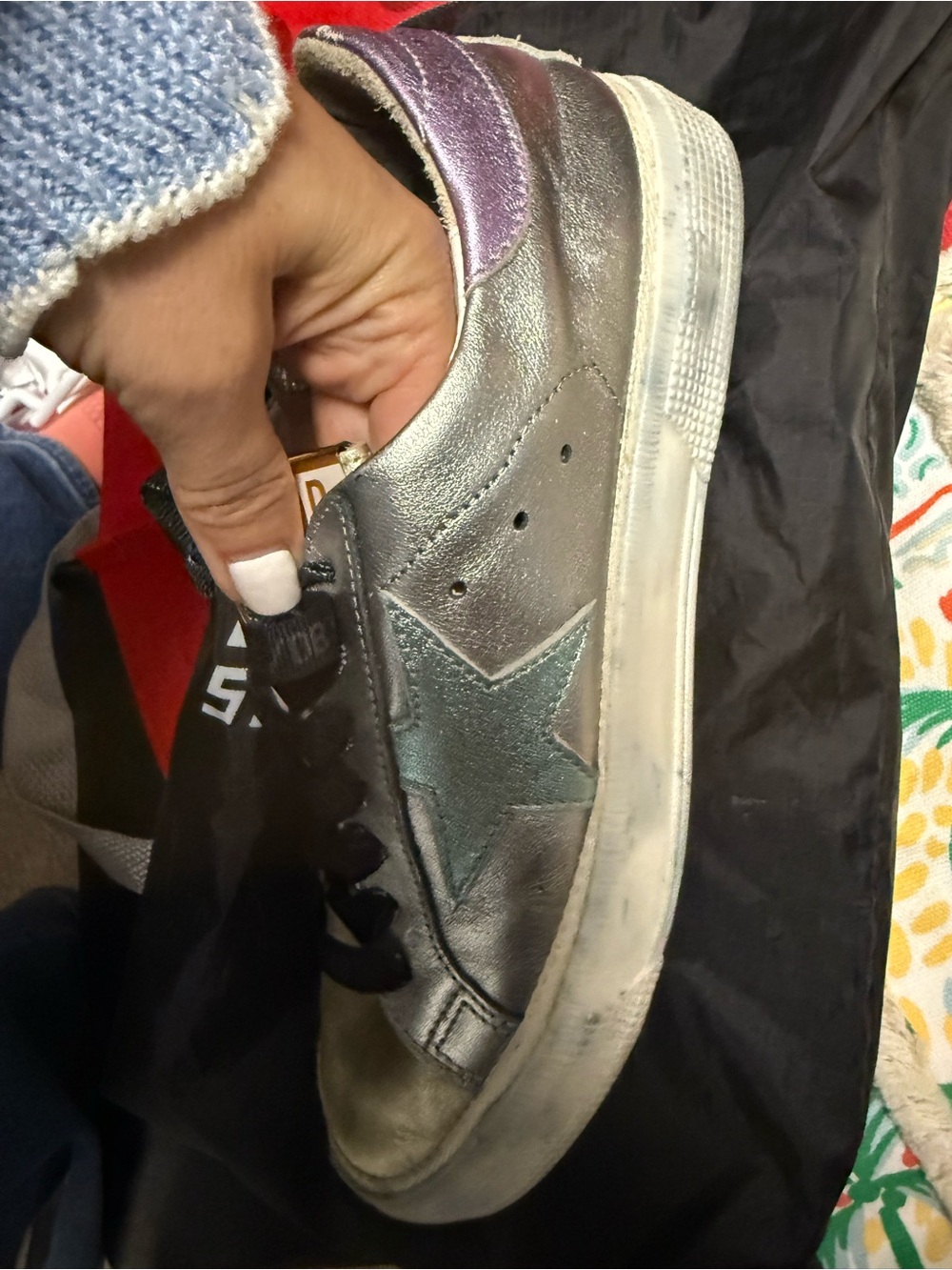 Golden Goose Metallic Silver Sneakers with Teal Star and Purple Heel Tab